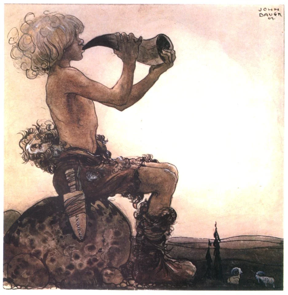 A drawing of a boy giant with curly hair sitting on a large rock, playing a horn. The background shows a few trees and a wide plain or ocean horizon. The drawing is signed "John Bauer 09" in the top right corner.