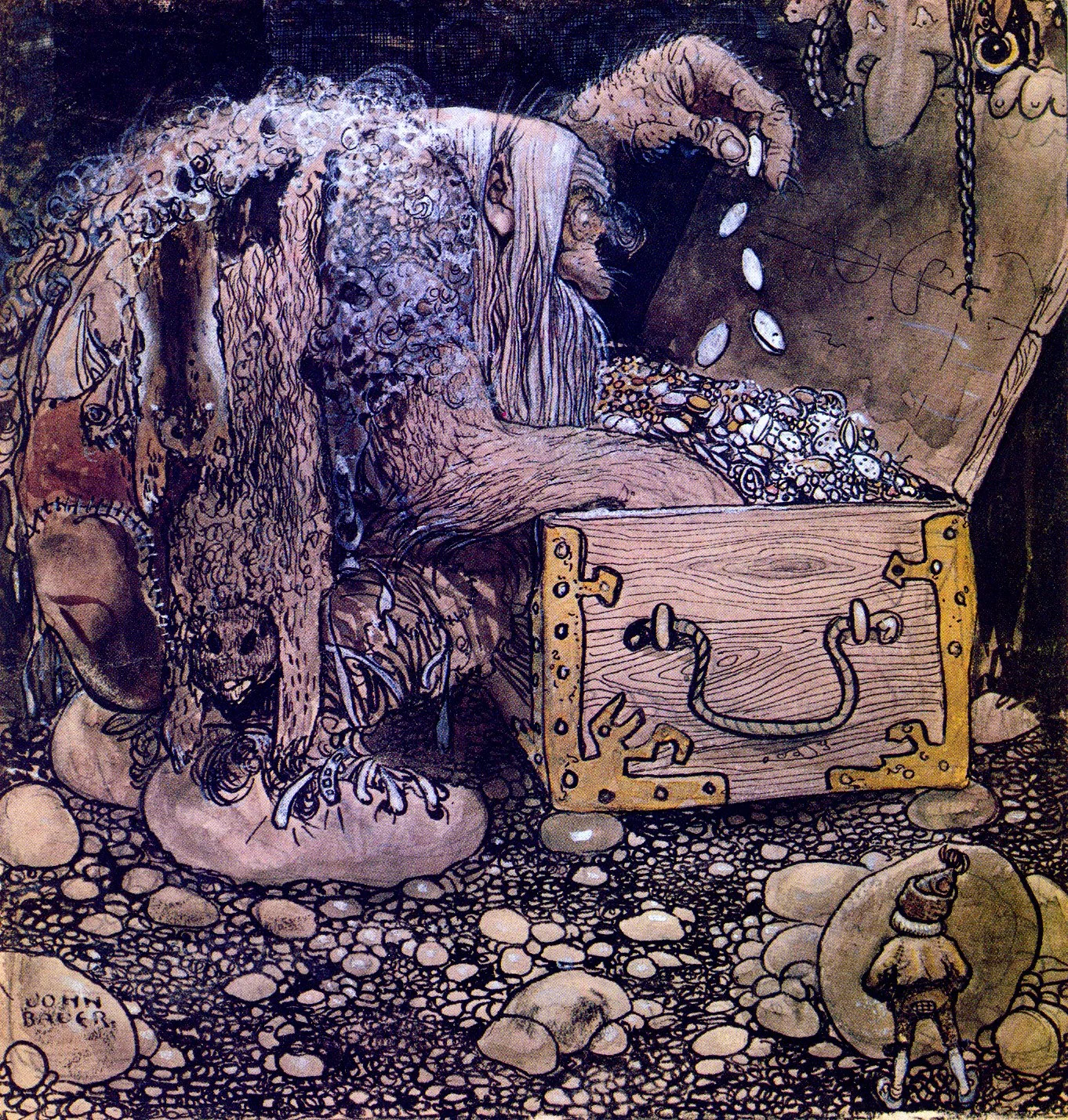 A cartoonish troll with long hair and a pointed nose opening a treasure chest filled with coins and jewelry.