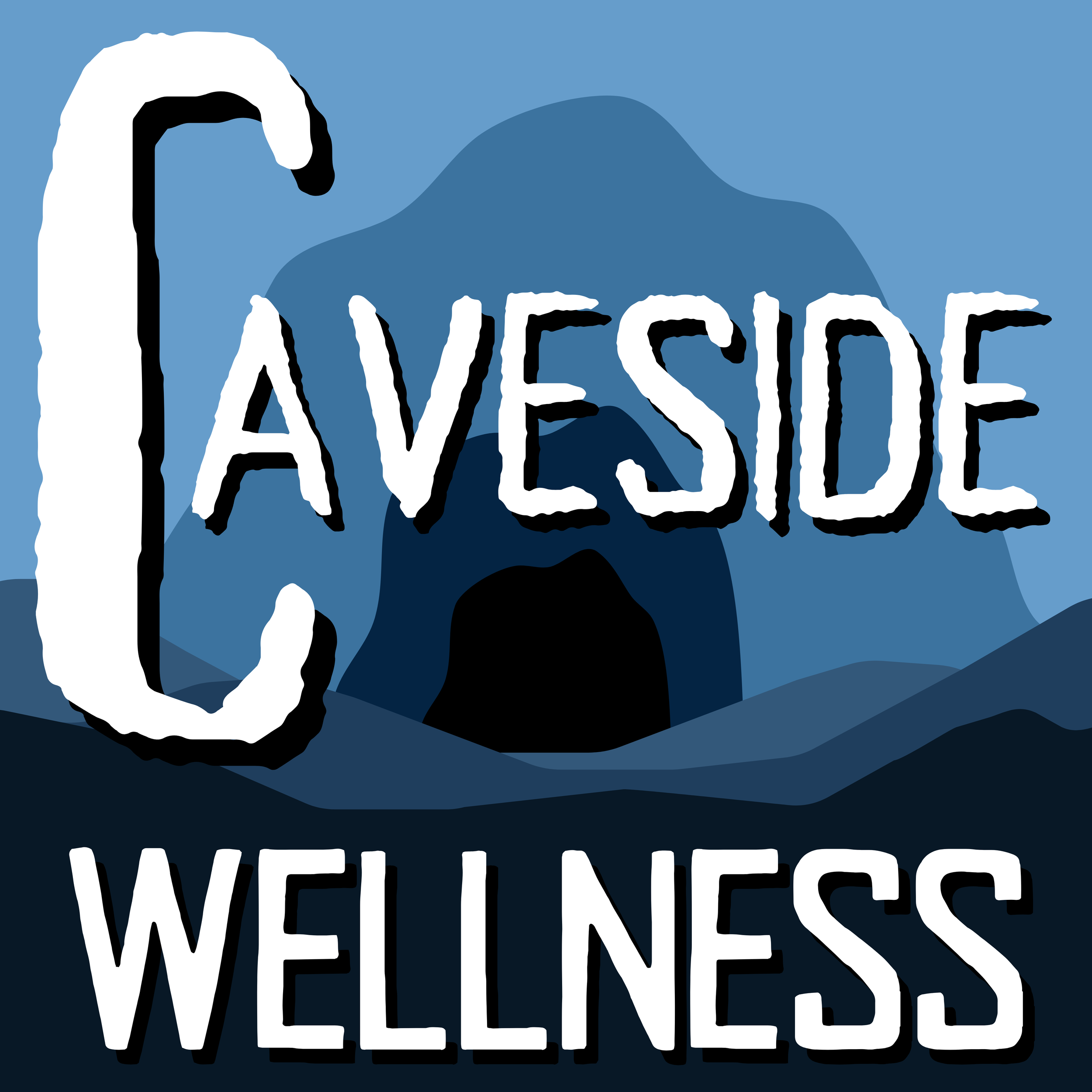 A graphic with stylized mountains and a cave in blue tones, and the words "C A V E S I D E W E L L N E S S" overlaid.