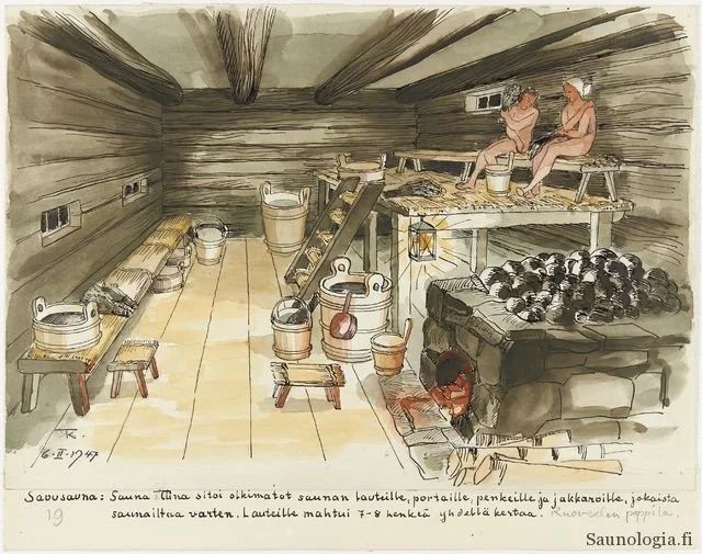 A watercolor of a Finnish sauna with wooden walls, benches, and sauna stones. Two women are sitting on an elevated bench, and another person is lying on a platform near the sauna stones. Various buckets and benches are scattered around the room.