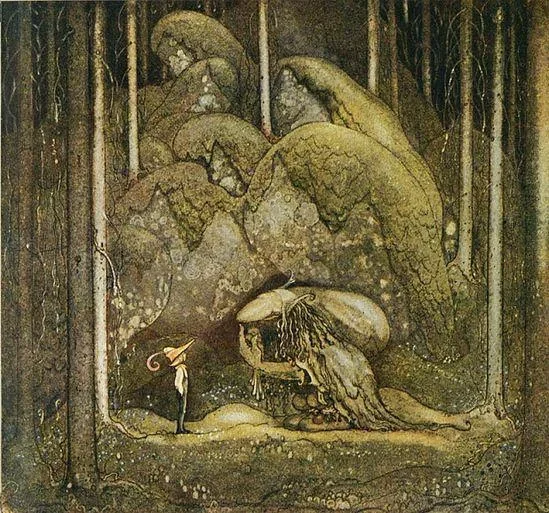 A small fairy with a pointed hat and wings standing on a forest floor, facing a large, moss-covered tree monster with a face, arms, and beard, among tall trees and mossy rocks.