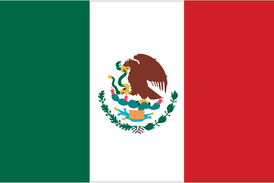 Flag of Mexico with vertical green, white, and red stripes, and a coat of arms featuring an eagle perched on a cactus with a snake in its beak and talon, surrounded by a wreath at the center.