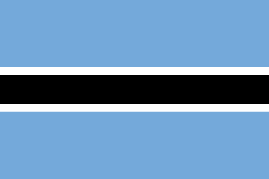 Botswana flag: Light blue flag with black, white, and light blue horizontal stripes.