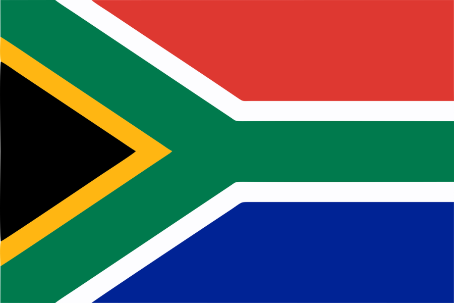 South African flag with horizontal red, blue, and green stripes, black triangle with yellow borders, and white strips.