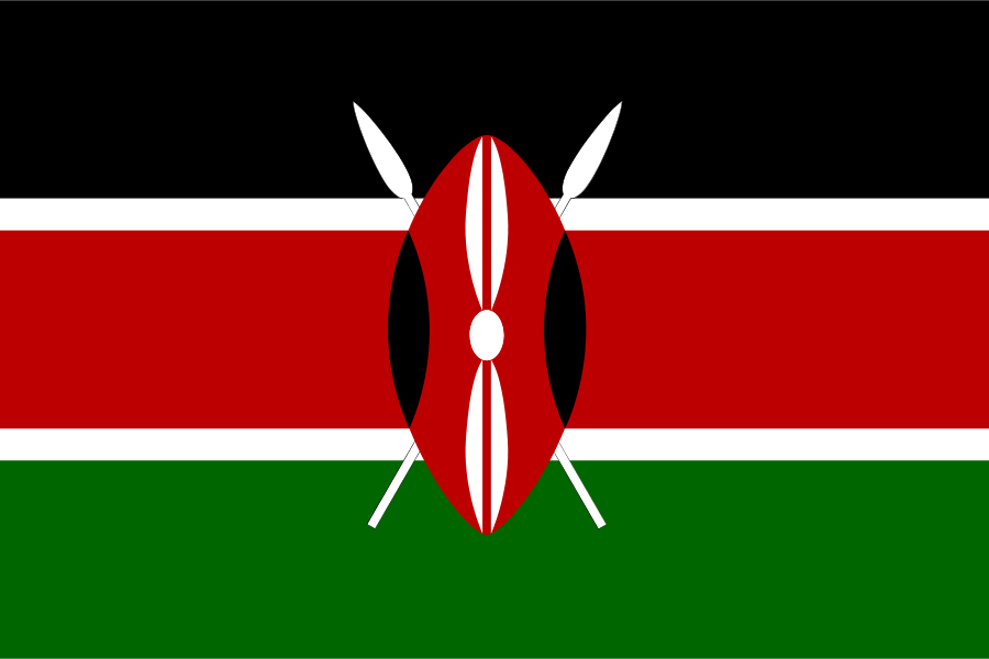 Kenyan national flag with a traditional Maasai shield and crossed spears in the center.