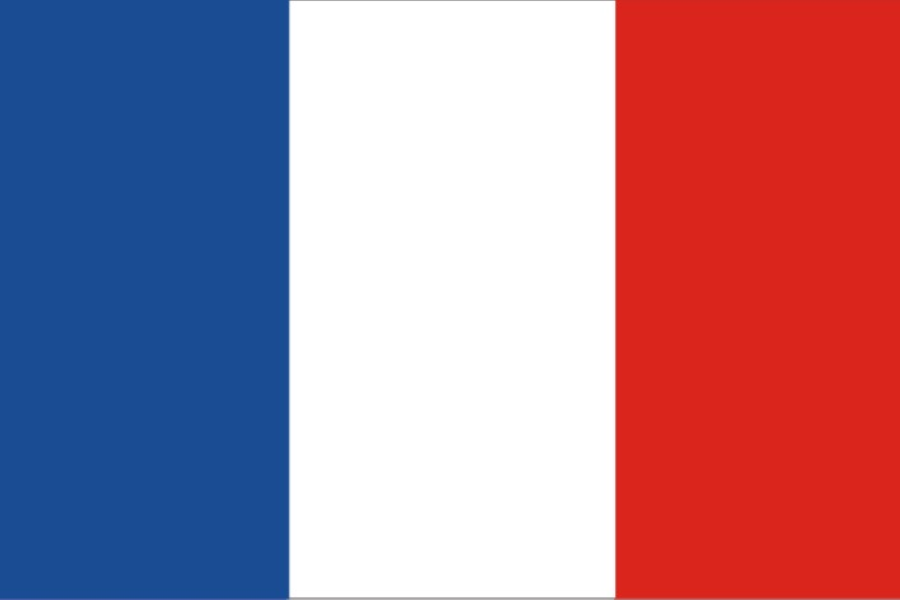 The flag of France with three vertical stripes: blue on the left, white in the middle, and red on the right.
