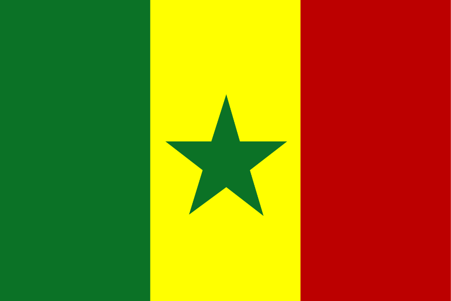 Senegal flag with green, yellow, and red vertical stripes and a dark green star in the center of the yellow stripe.