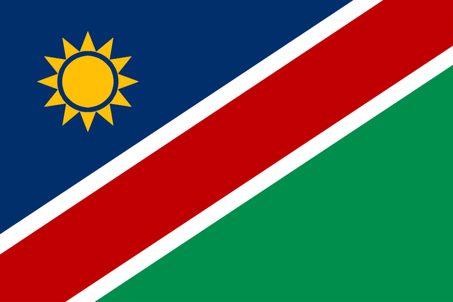 Namibia flag with blue, red, green, white stripes and a yellow sun symbol in the blue section.