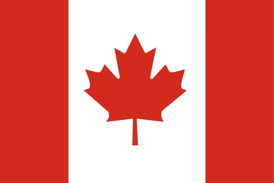 The Canadian flag with a red maple leaf in the center on a white background, flanked by red vertical stripes on both sides.