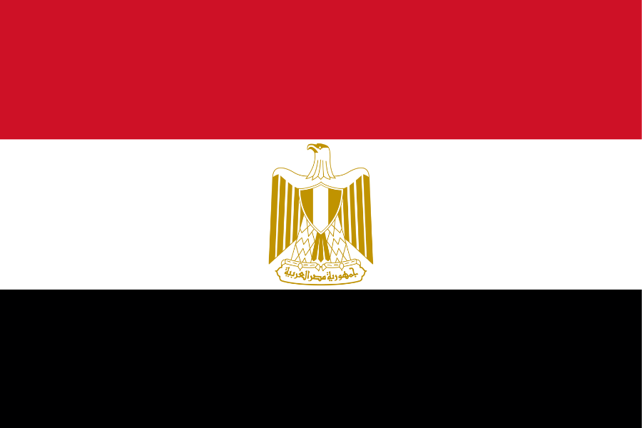 Flag of Egypt with red, white, black horizontal stripes and a gold eagle emblem in the center.