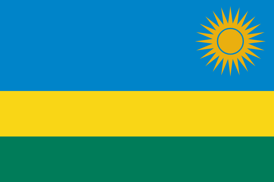 Flag of Rwanda with blue, yellow, and green horizontal stripes and a yellow sun in the top right corner.