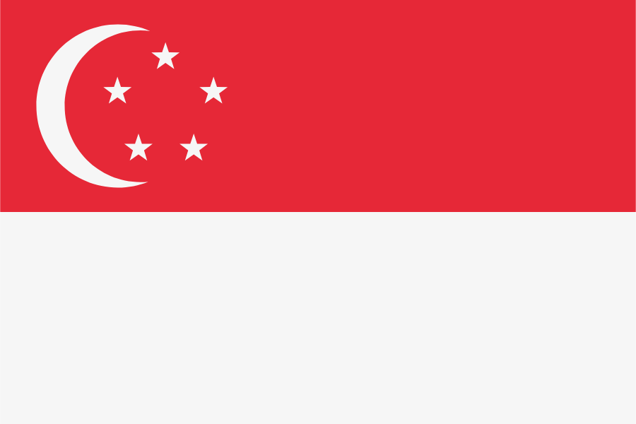 Singapore flag with red top half, white bottom half, a white crescent moon, and five white stars in a circle.
