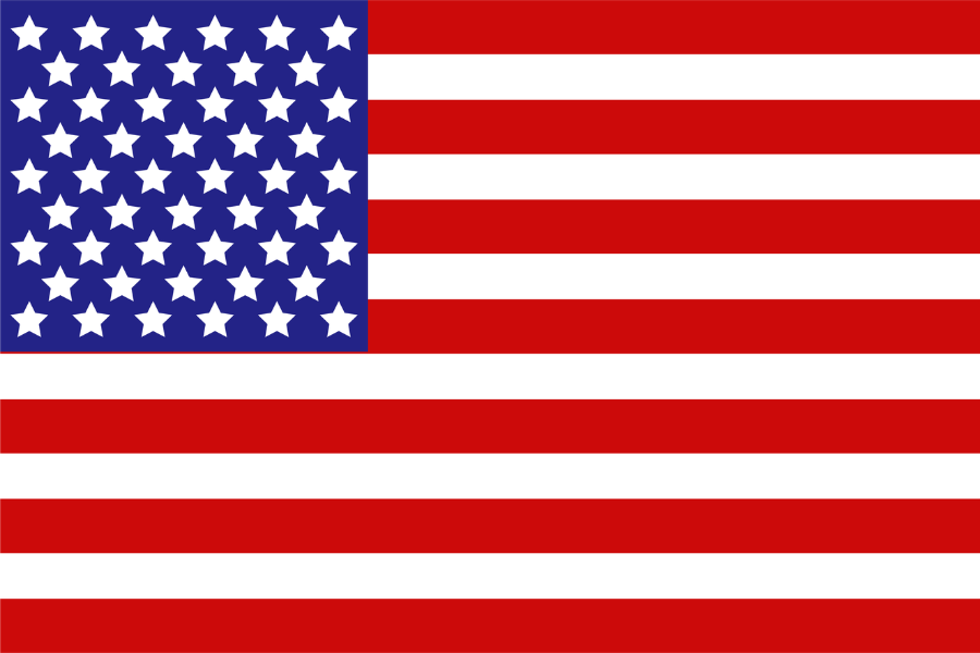 American flag with 50 white stars on a blue canton and 13 red and white stripes.