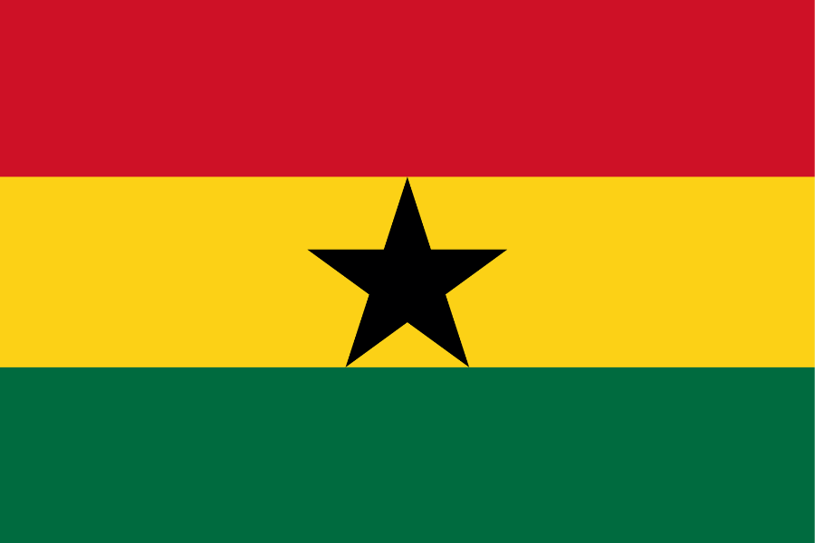 Ghana flag with horizontal red, yellow, and green stripes and a black star in the center