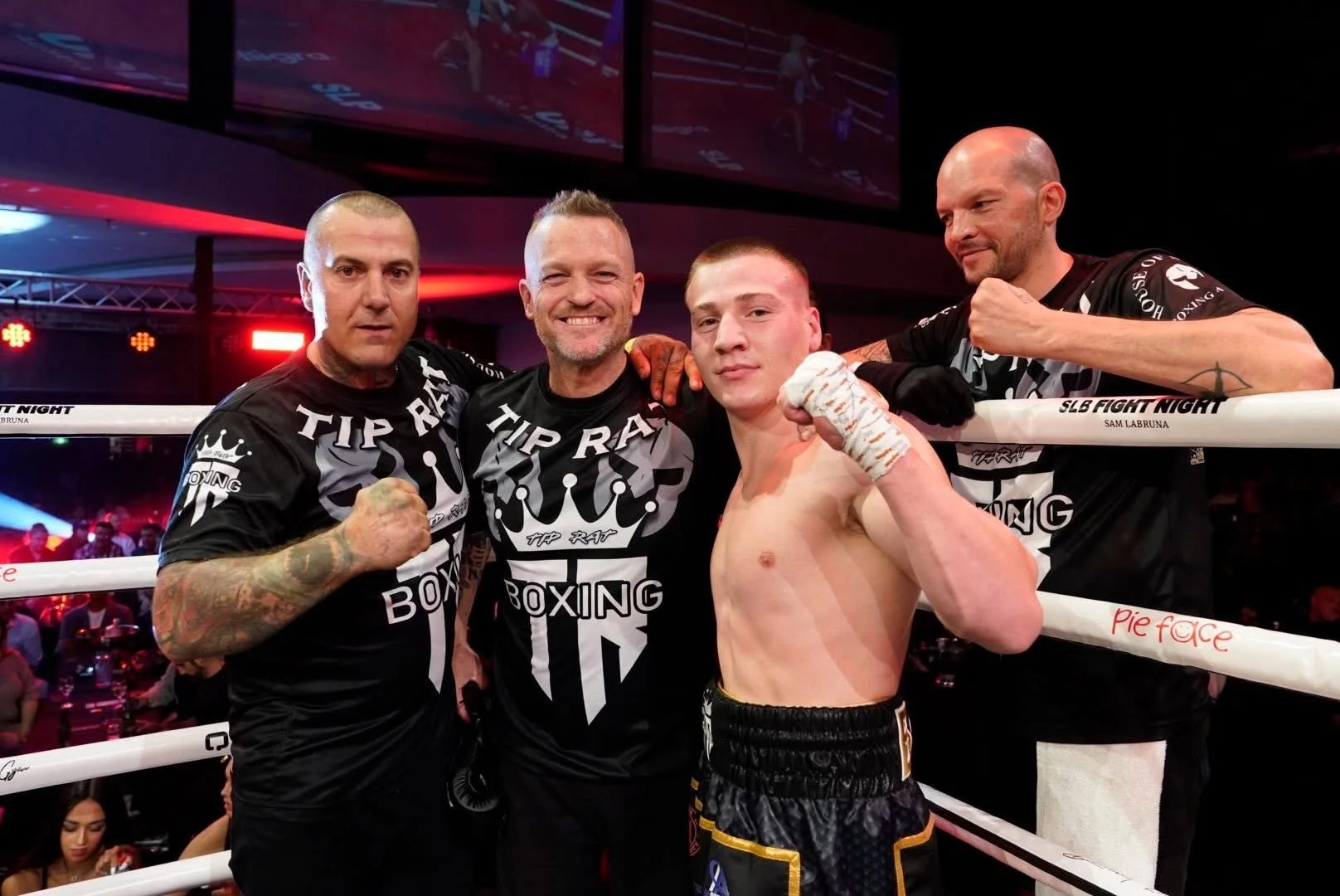 Jesse 'TipRat' Bolt with House of Stoush head coach Bryce Poorter at a professional fight event at Melbourne Pavillion.