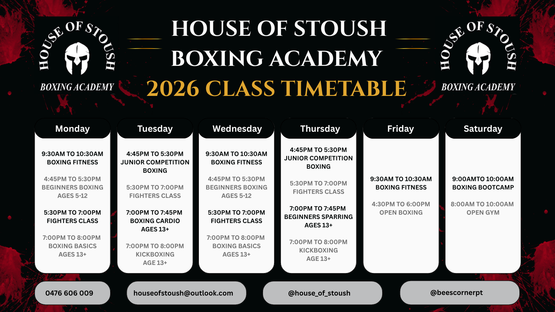 A class timetable for the House of Stoush Boxing Academy in 2026, showing schedule details for each day of the week with specific boxing classes and times.