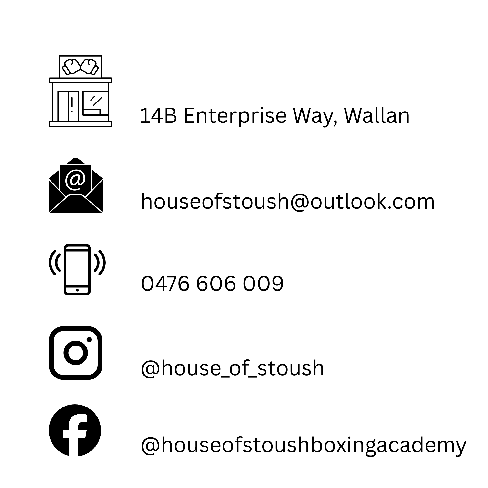 Business card with a drawing of a storefront and boxing gloves, address, email, phone number, and social media handles.