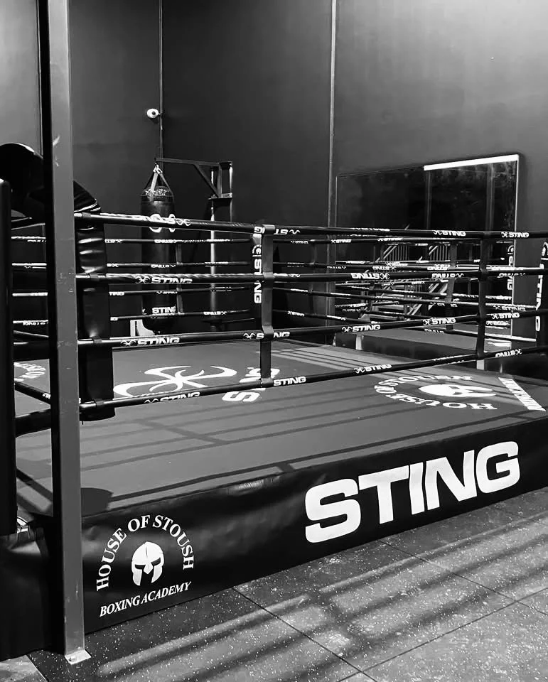 House of Stoush boxing ring, with black logo corner padding, ropes, canvas and a mirror reflecting the room.
