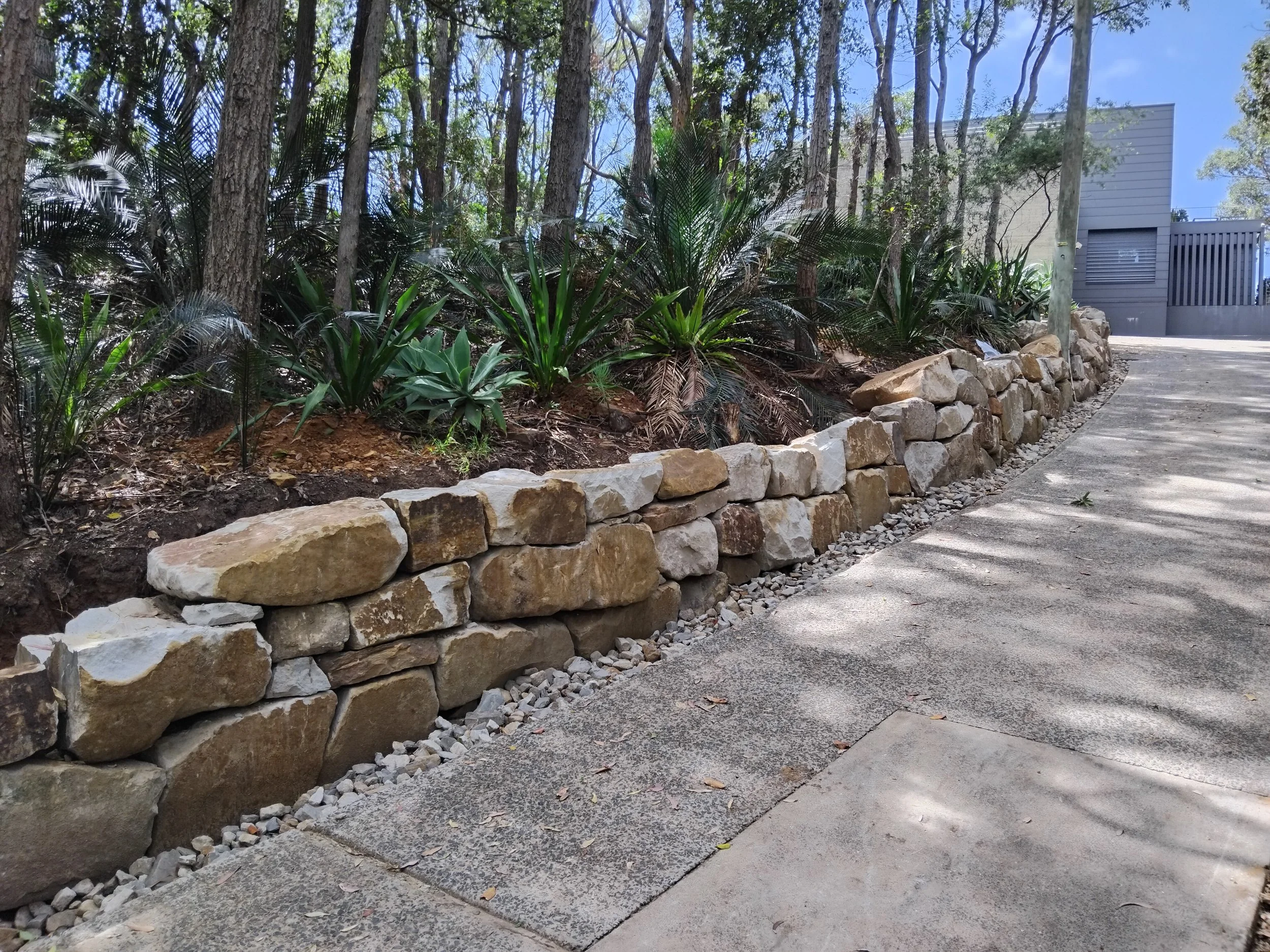 Drystone retaining wall with garden, Central Coast NSW