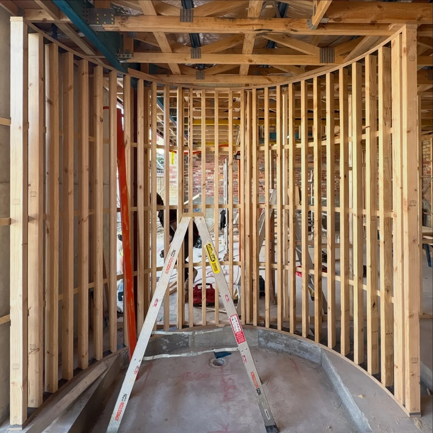 Elliptical wall framing from a previous project in Caulfield.

An elliptical curve isn&rsquo;t formed from a single radius, making the set out and framing considerably more complex than a typical curved wall.
A great example of how careful planning, 