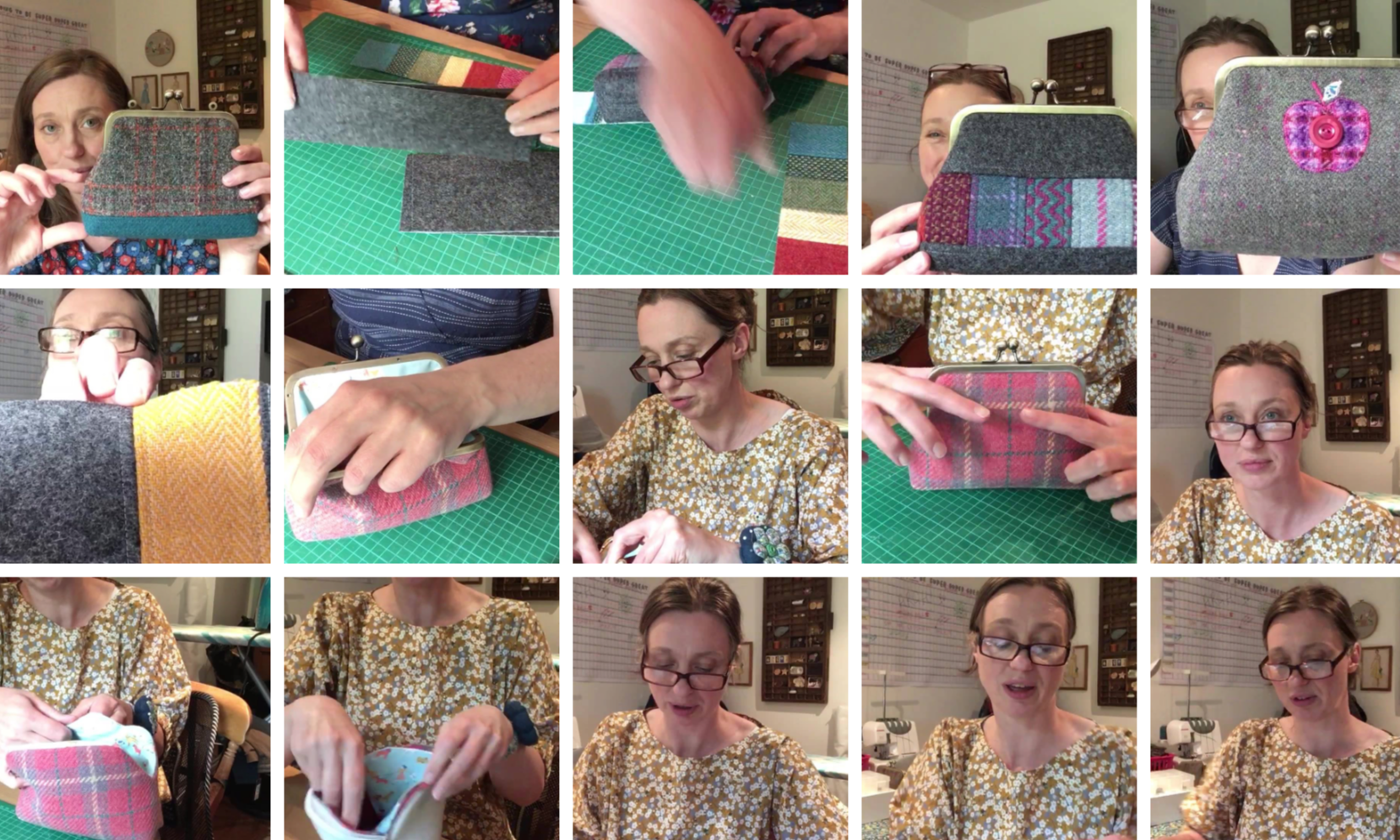 A woman in glasses and a mustard-colored floral shirt makes a fabric bag, using felt, fabric, and a clasp, in a craft room with sewing supplies.