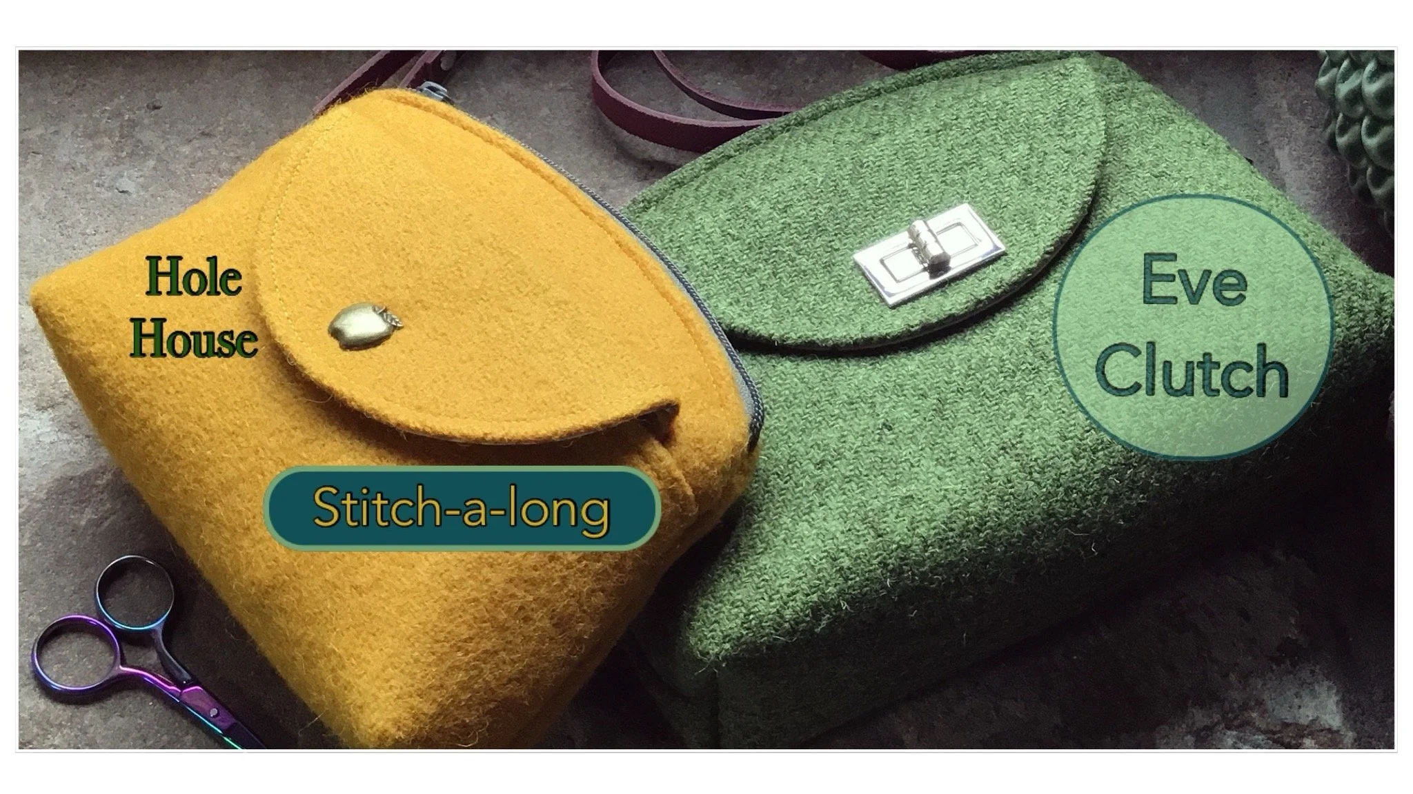 Two felt pouches, one yellow labeled 'Hole House' with a small gold house pin and a lock, and one green labeled 'Eve Clutch' with a silver clasp, sitting on a surface with scissors nearby.
