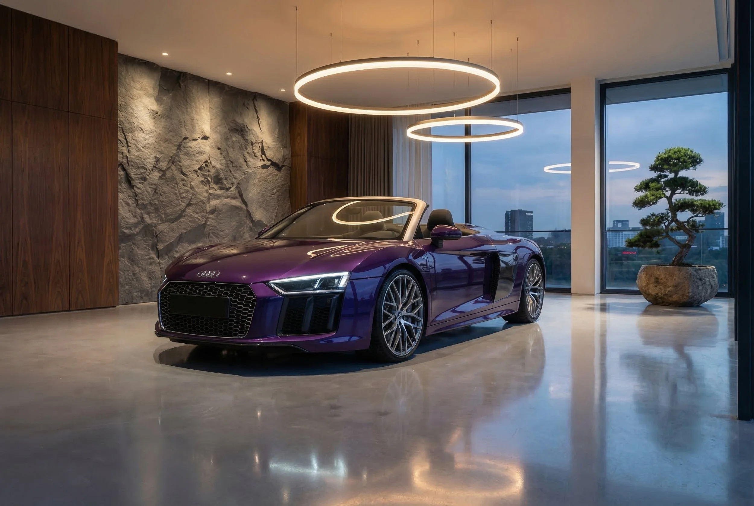 A purple convertible Audi sports car parked indoors near a large window with city buildings in the background, modern lighting fixtures, and a potted bonsai tree.