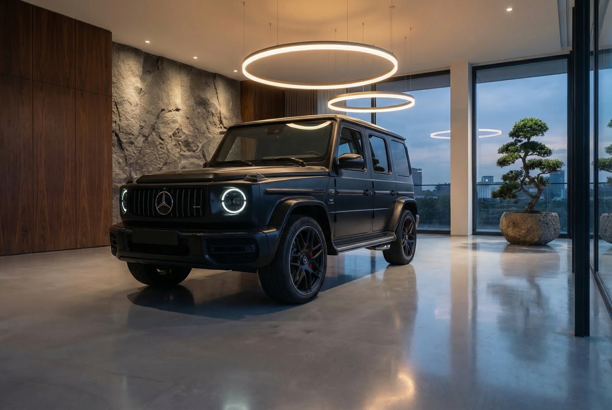 A black Mercedes-Benz G-Class SUV parked indoors near large floor-to-ceiling windows with a city view, modern lighting fixtures, a stone accent wall, and a potted tree.
