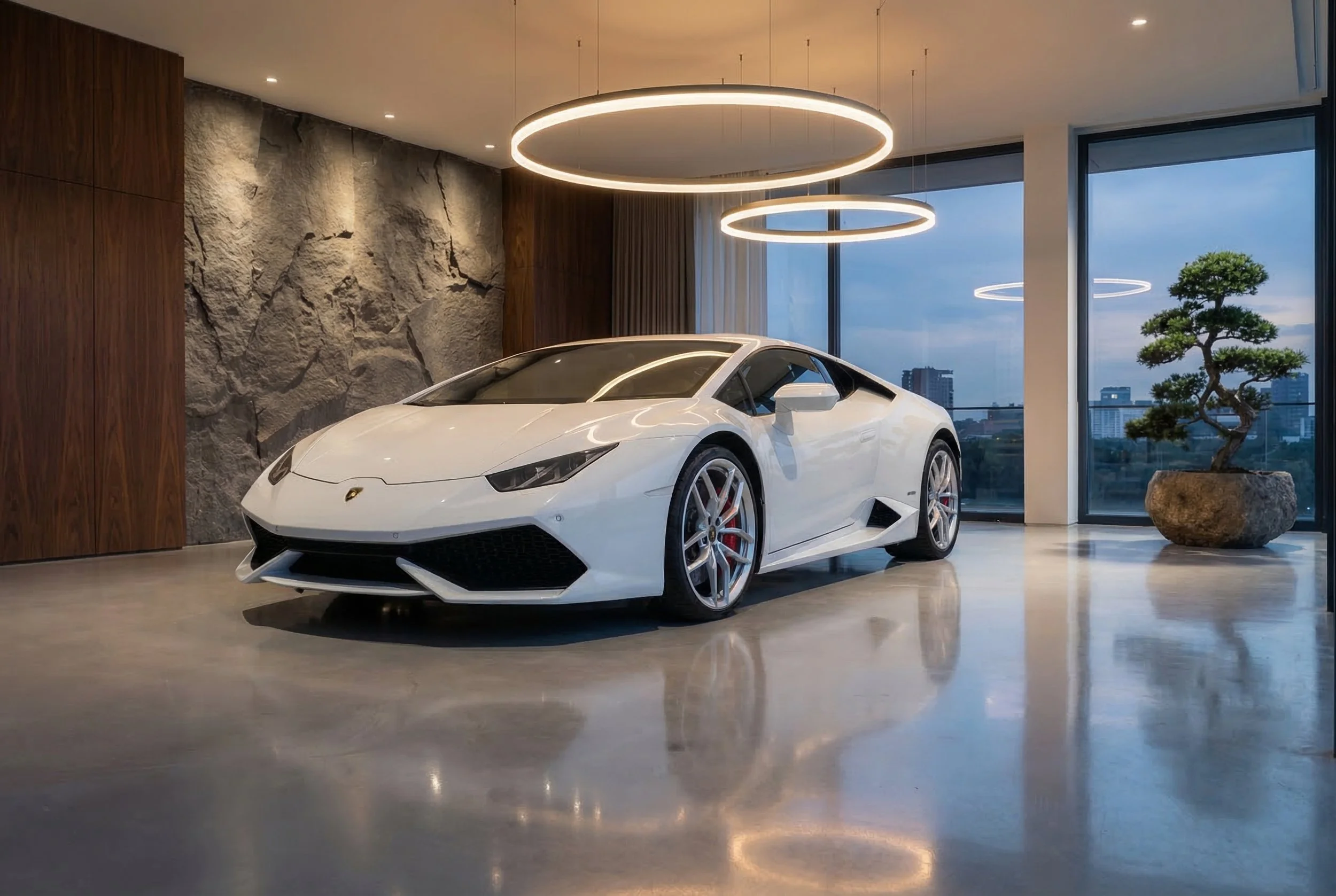 A white luxury sports car, a Lamborghini, is parked in a modern showroom with large windows, a stone accent wall, and decorative circular ceiling lights. A bonsai tree is in a pot near the window.