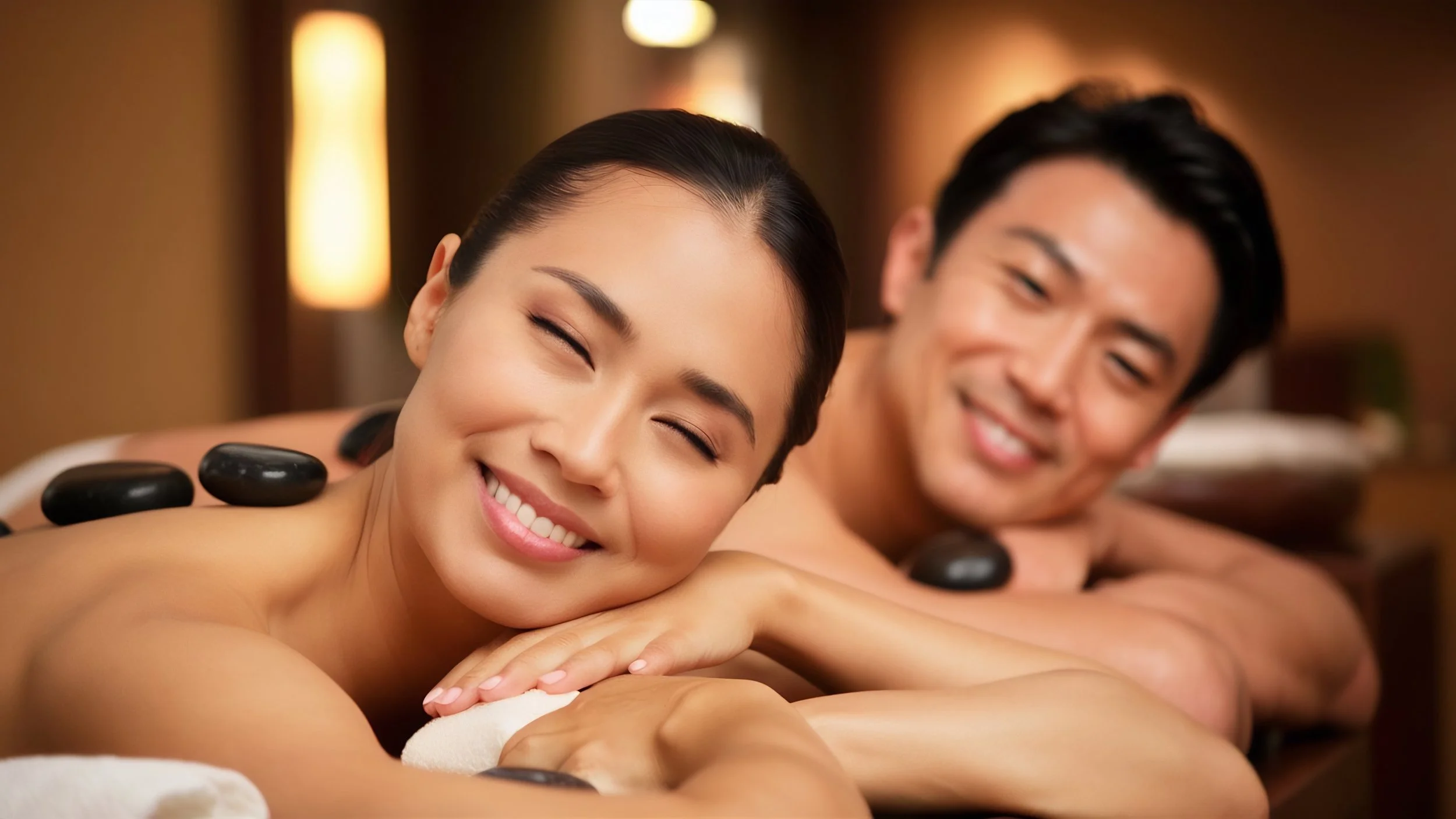 Couple enjoying a hot stone massage in a spa, with stones placed on their shoulders and backs, both smiling and relaxed.