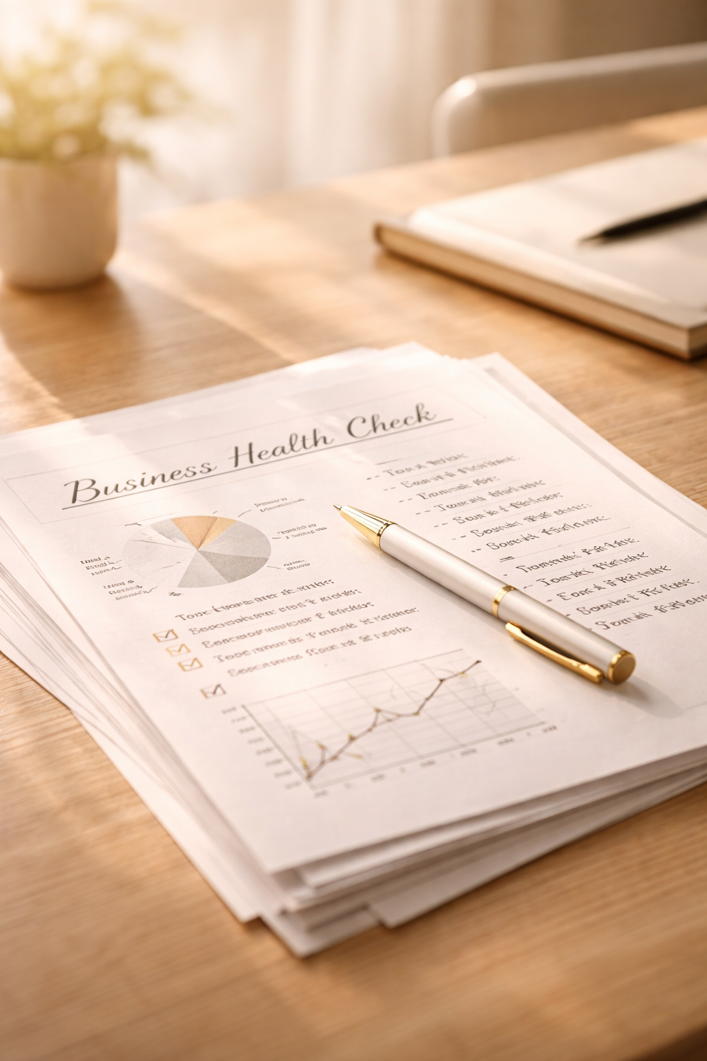 A printed business health check report on a wooden table with a pen, a potted plant, and a closed notebook in the background.