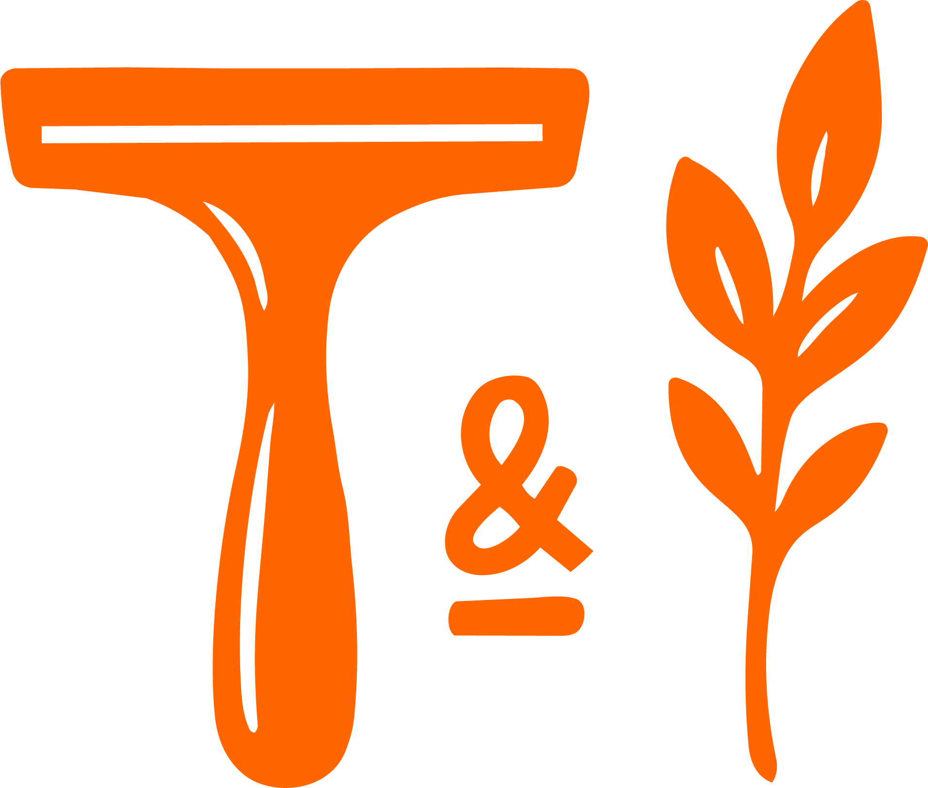 Ein Rasiermesser, ein Ährenzweig und das Symbol '&' in orange.