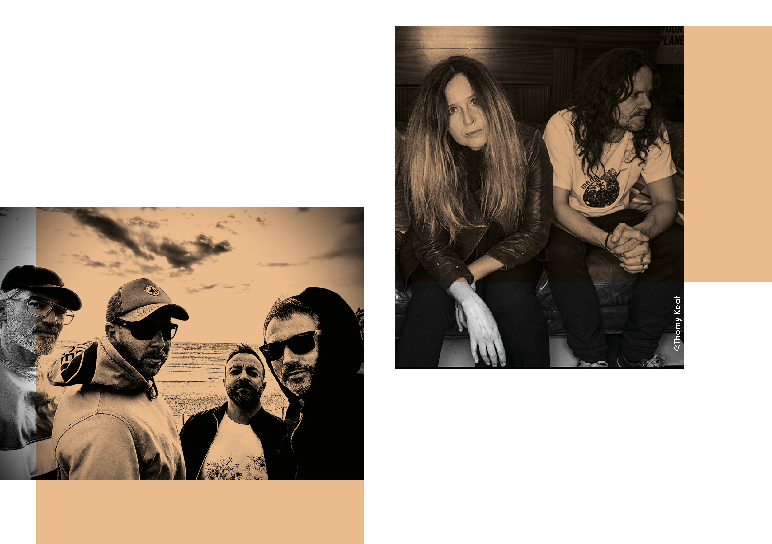 Vignette comprenant une photo en noir et blanc en bas à gauche, représentant un groupe de cinq hommes portant des vêtements décontractés, avec une plage en arrière-plan, et une photo en couleur en haut à droite, montrant deux personnes assises sur un canapé, une femme aux cheveux longs et un homme aux cheveux longs, en intérieur.