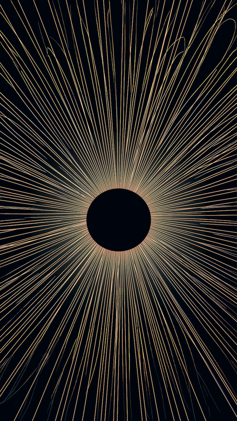 Une éclipse solaire avec des rayons de lumière dorés rayonnants autour d'un cercle noir au centre.