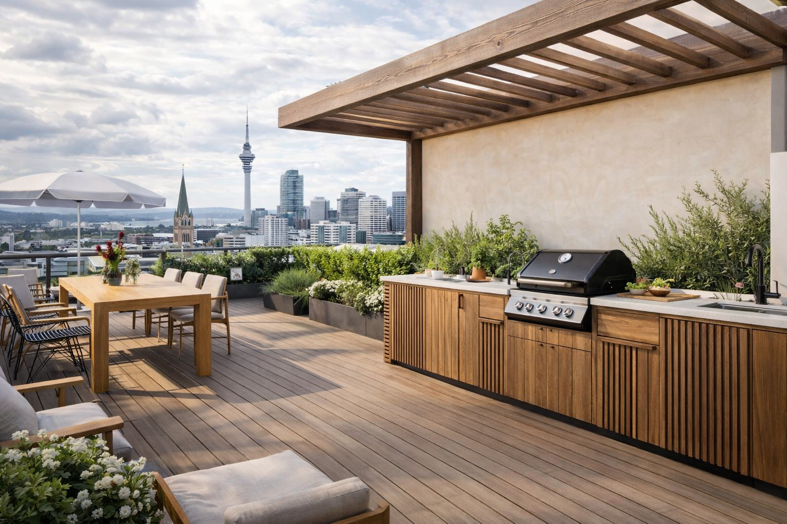 3D architectural visualization of a rooftop terrace with timber decking, outdoor dining area and city skyline views. Virtual rendering helps clients better understand the future spatial atmosphere of a project.