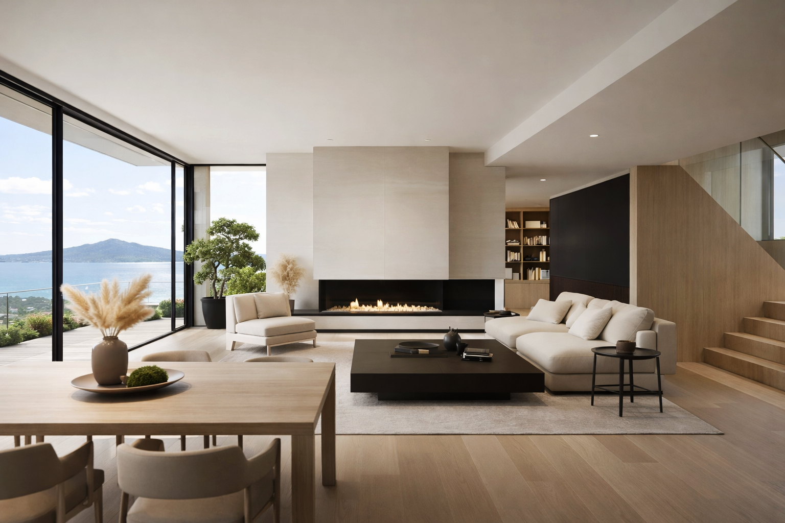 3D interior visualization of a modern living room with large glass doors, natural light and waterfront views. Virtual staging helps clients imagine the atmosphere and spatial quality of the future home.