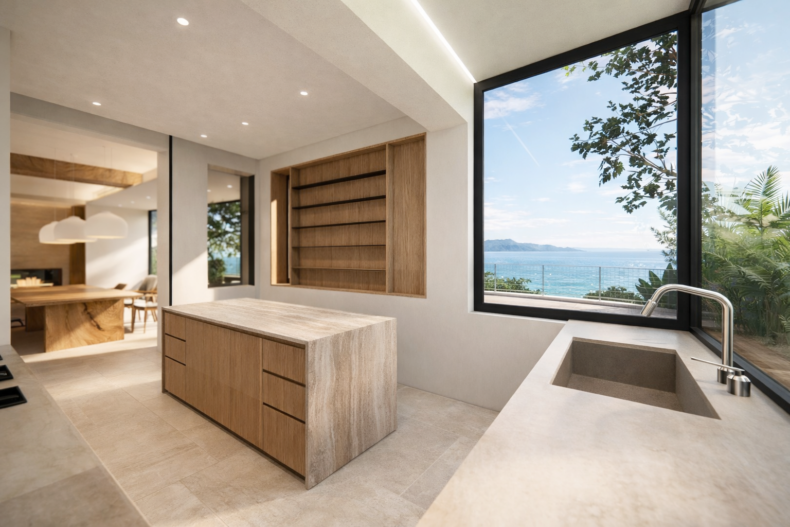 3D interior rendering of a contemporary kitchen with large windows, ocean views and minimalist cabinetry. Virtual visualization helps transform empty spaces into realistic future living environments.
