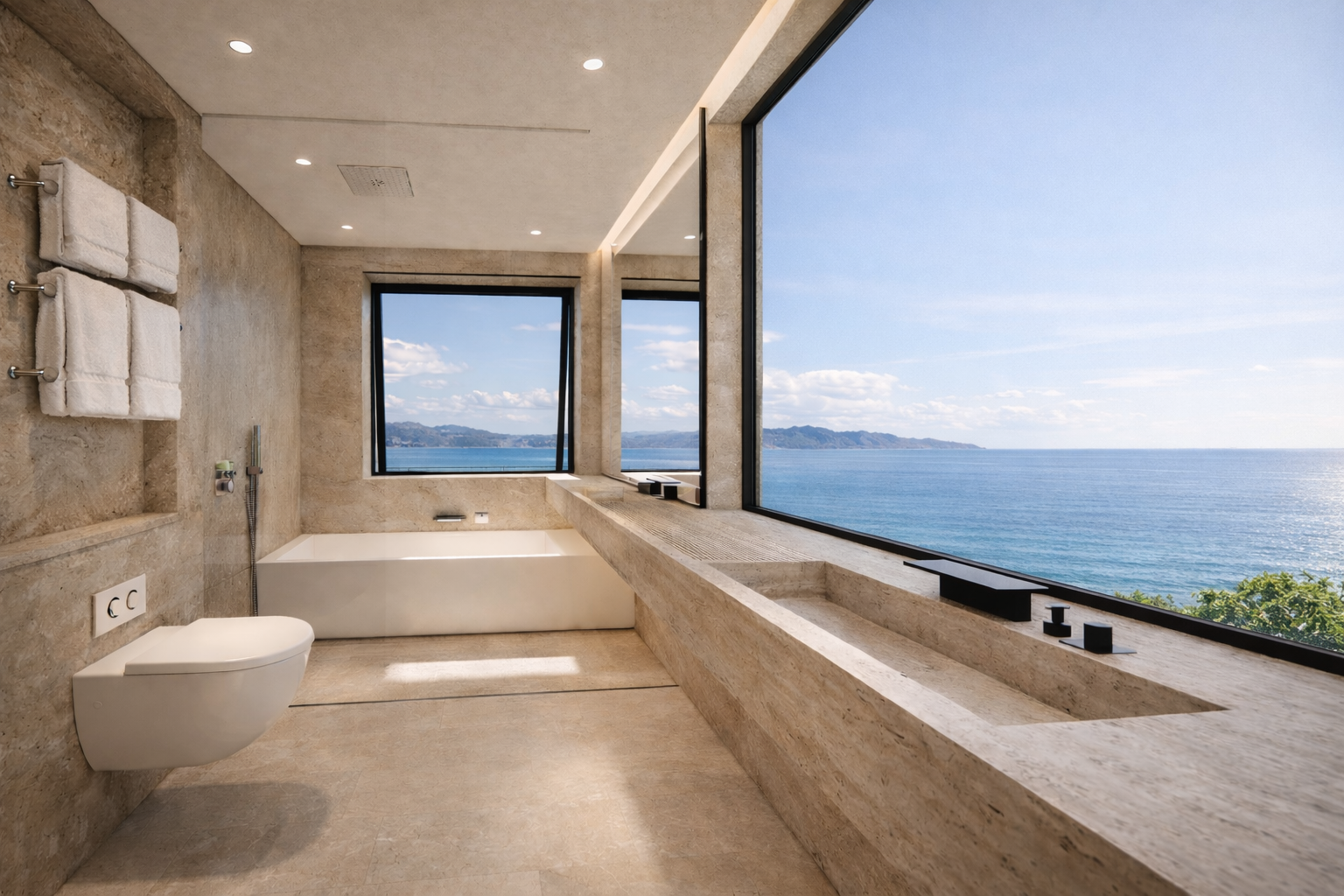 3D architectural visualization of a luxury bathroom with ocean views, demonstrating how virtual rendering helps clients experience design, materials and spatial atmosphere before construction.