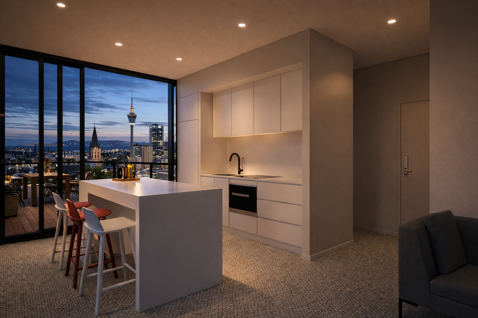 3D interior visualization of a modern apartment kitchen and balcony at sunset, showcasing lighting atmosphere and spatial design to help clients better imagine the future living environment.