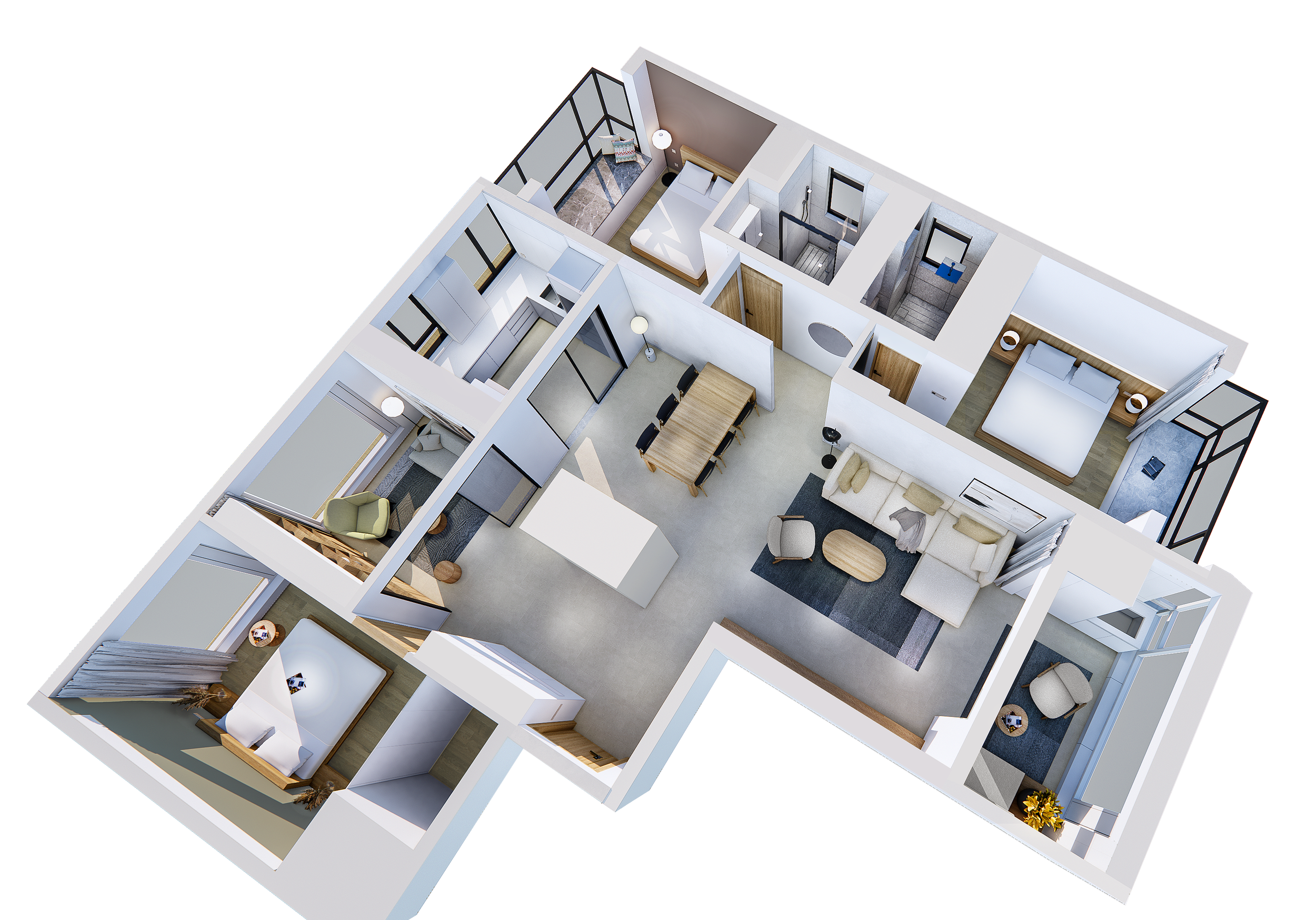 3D floor plan visualization of a modern apartment layout. Compared with traditional 2D drawings, this bird’s-eye view helps clients clearly understand room layout, circulation, and spatial relationships.