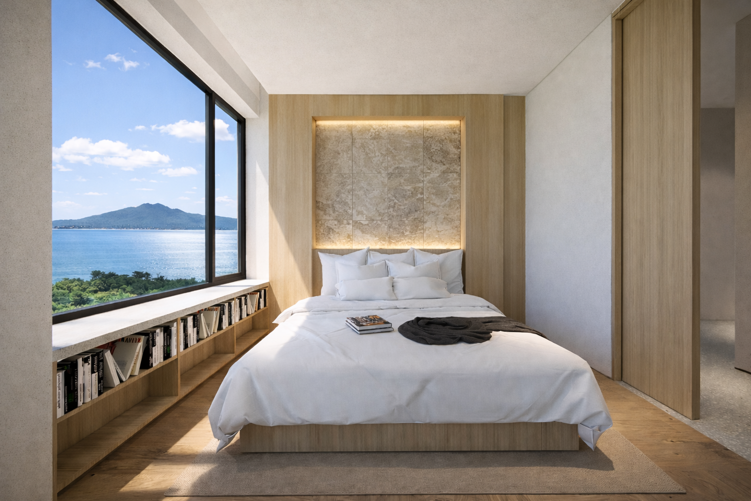 3D bedroom visualization featuring large windows, soft natural light and contemporary interior design. Virtual rendering allows property developers and homeowners to better visualize the future living space.