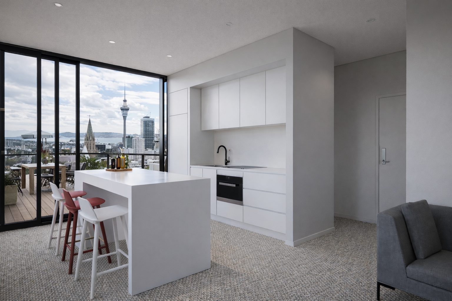 3D interior visualization of a modern kitchen and living space overlooking the city skyline. Virtual design allows clients to clearly experience space, lighting and layout before construction or renovation.