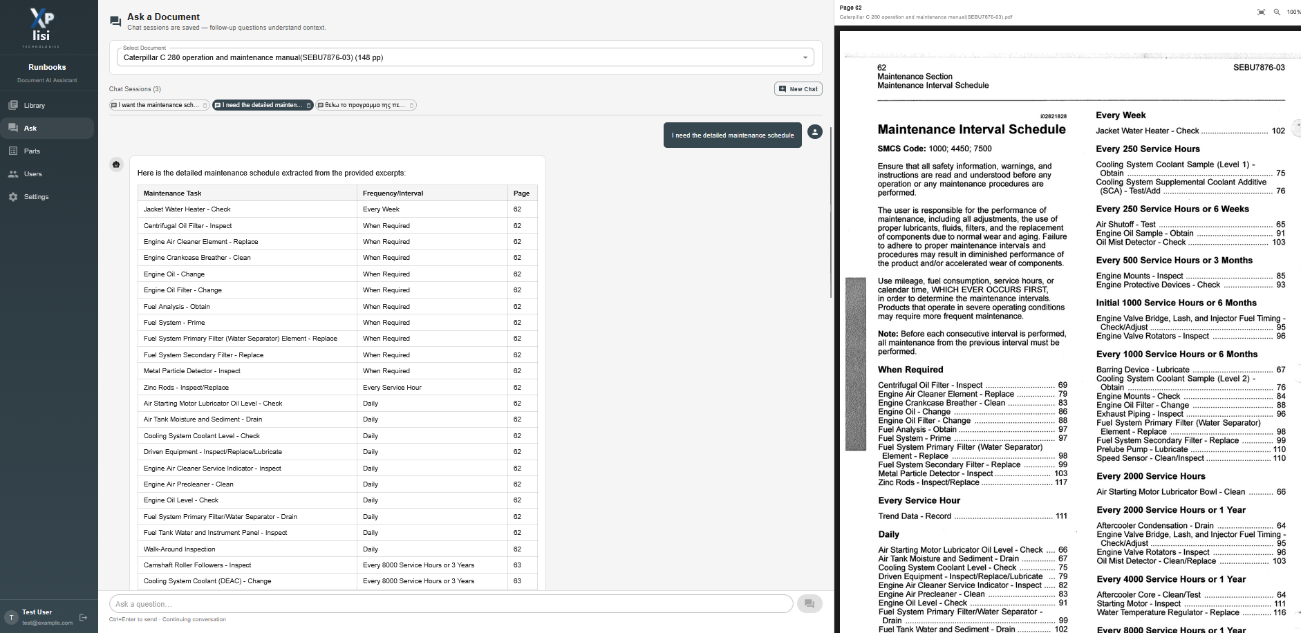 Screenshot of a digital document titled 'Caterpillar C 280 operation and maintenance manual', showing a detailed maintenance schedule with tasks, frequencies, and page numbers, alongside the document's table of contents on the right.