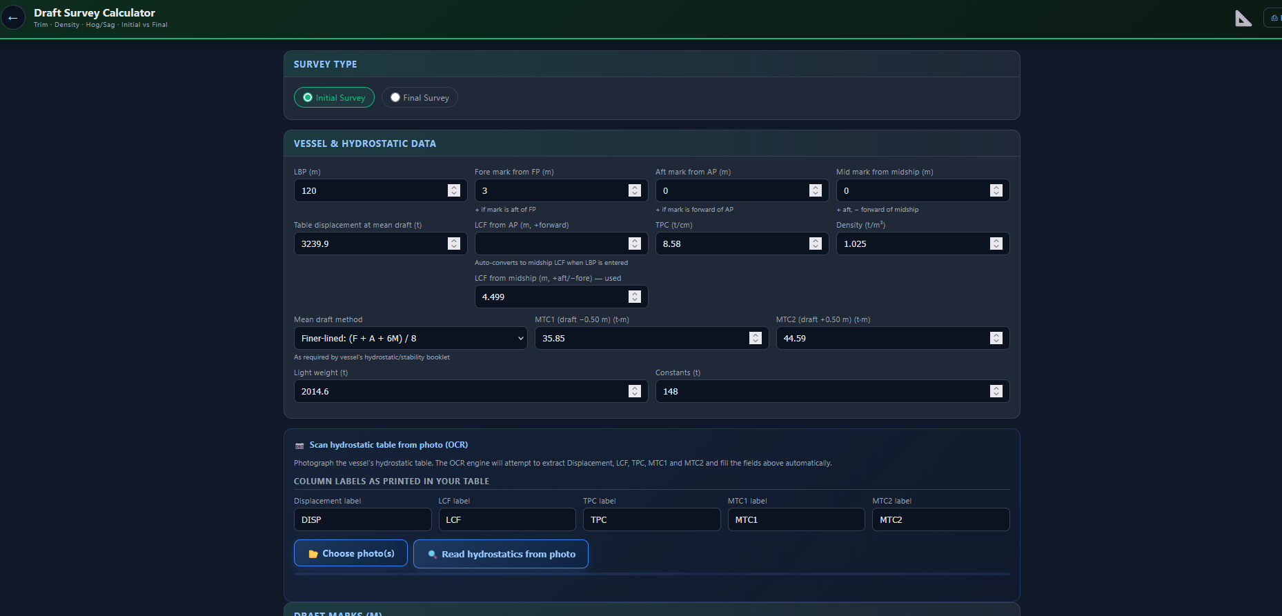 Screenshot of a Draft Survey Calculator interface for vessel hydrostatic data, showing input fields, options for initial or final survey, and buttons for photo upload and hydrostatic data extraction.