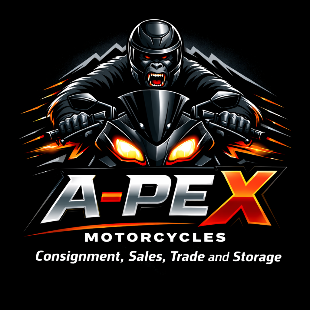A logo for APEX Motorcycles featuring a fierce ape wearing a helmet, riding a black motorcycle with orange highlights, against a dark background with mountain outlines. The text reads "A-PE X MOTORCYCLES" with a tagline "Consignment, Sales, Trade and Storage."