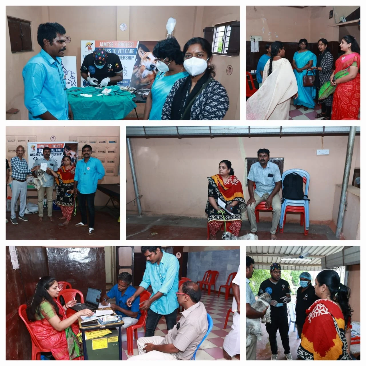 A veterinary outreach event with multiple groups of people including veterinarians and attendees, some with dogs, participating in pet care activities, registration, and discussions.