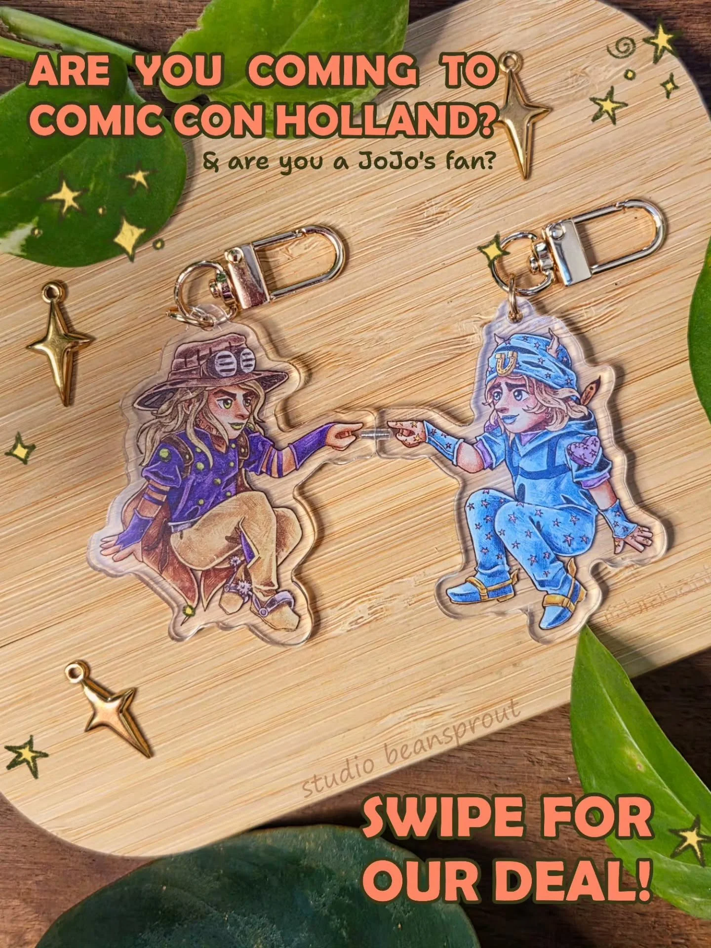 To celebrate the weekly episodes of Steel Ball Run, we'll be having an awesome deal at @comicconholland ! We'll be bringing some new keychains,  buttons and stickers, so come check us out!

Hope to see you there! ✨️🍓

#artistalley #artwork #fanart #