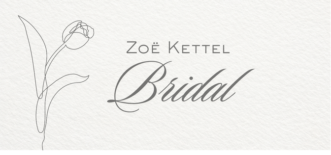 A white background with a minimalist line drawing of a flower on the left. Text in the center that reads 'Zoë Kettel Bridal' with 'Bridal' in cursive and the rest in capital letters.