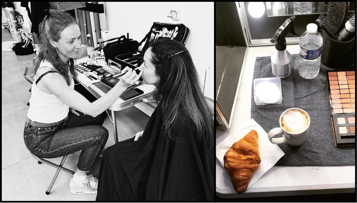 Left side shows a makeup artist applying makeup to a woman sitting in a salon, with makeup tools on a table. Right side shows a table with a croissant, a cup of coffee with foam, a water bottle, a spray bottle, and makeup products.