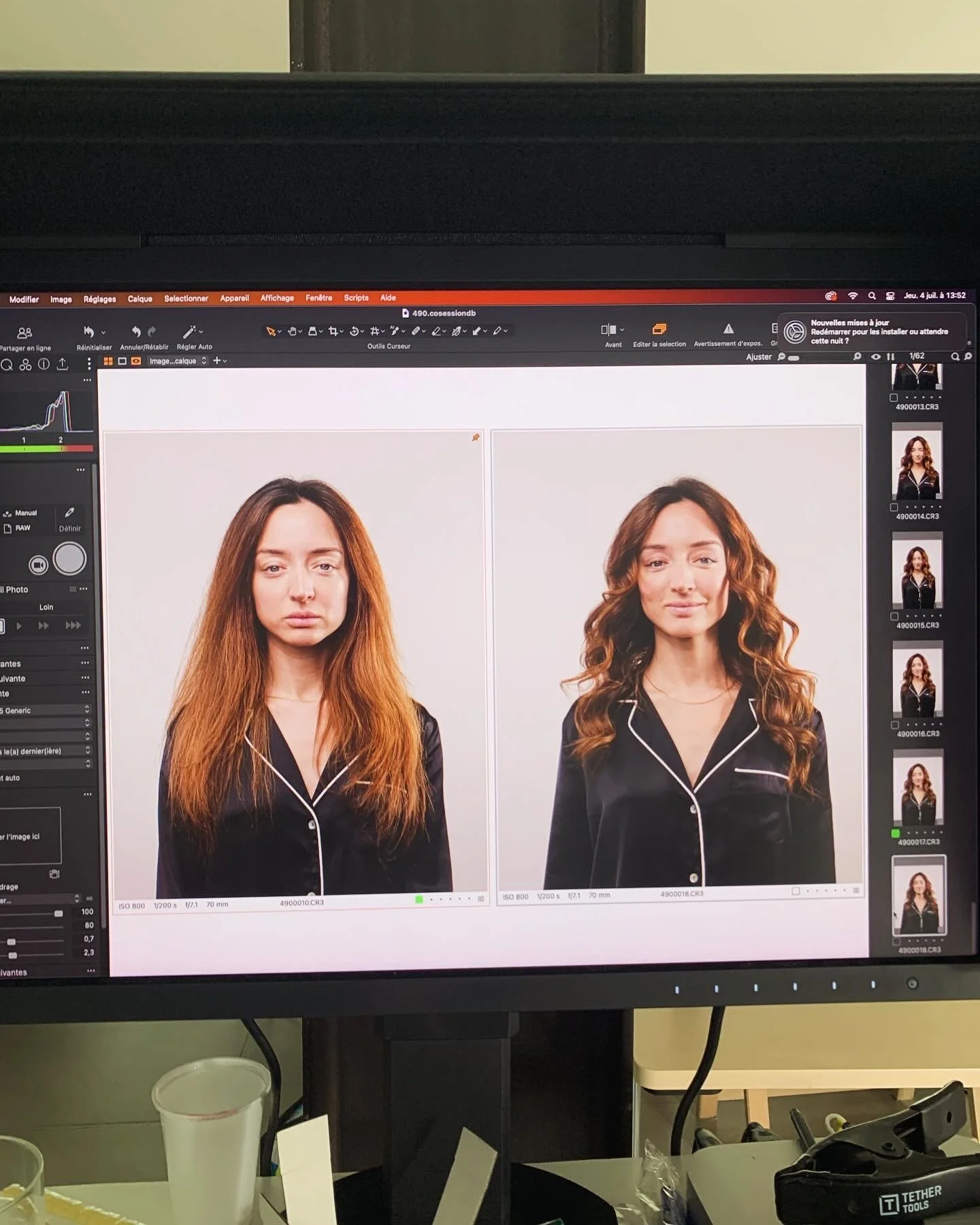Comparison of a woman's portrait before and after a hairstyle change, with long straight hair on the left and styled curly hair on the right, both in black pajama top.